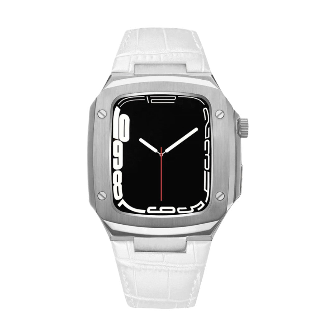 Bracelet montre en cuir blanc avec coque intégrée argentée, design armure moderne, boucle ardillon acier.