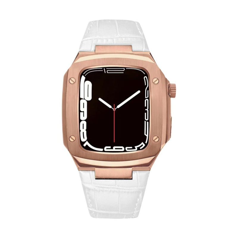 Bracelet montre cuir blanc avec coque intégrale rose doré, design armure moderne, boucle ardillon acier.