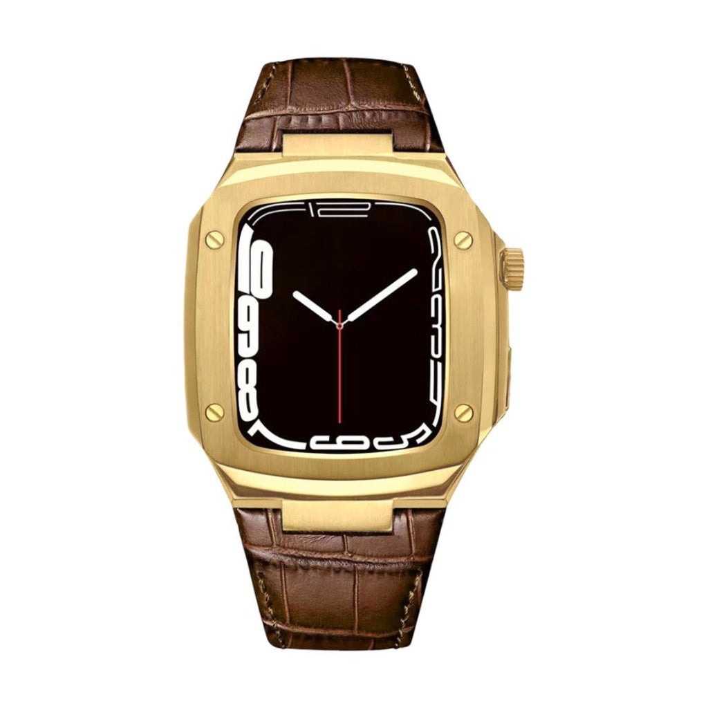 Montre avec bracelet en cuir marron à effet croco, coque intégrée dorée style armure, boucle ardillon.