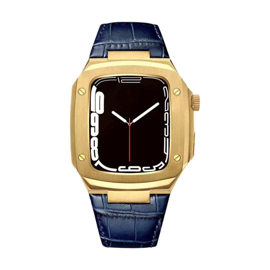 Bracelet montre en cuir bleu avec motif crocodile, coque intégrée dorée au design armure moderne, boucle ardillon.