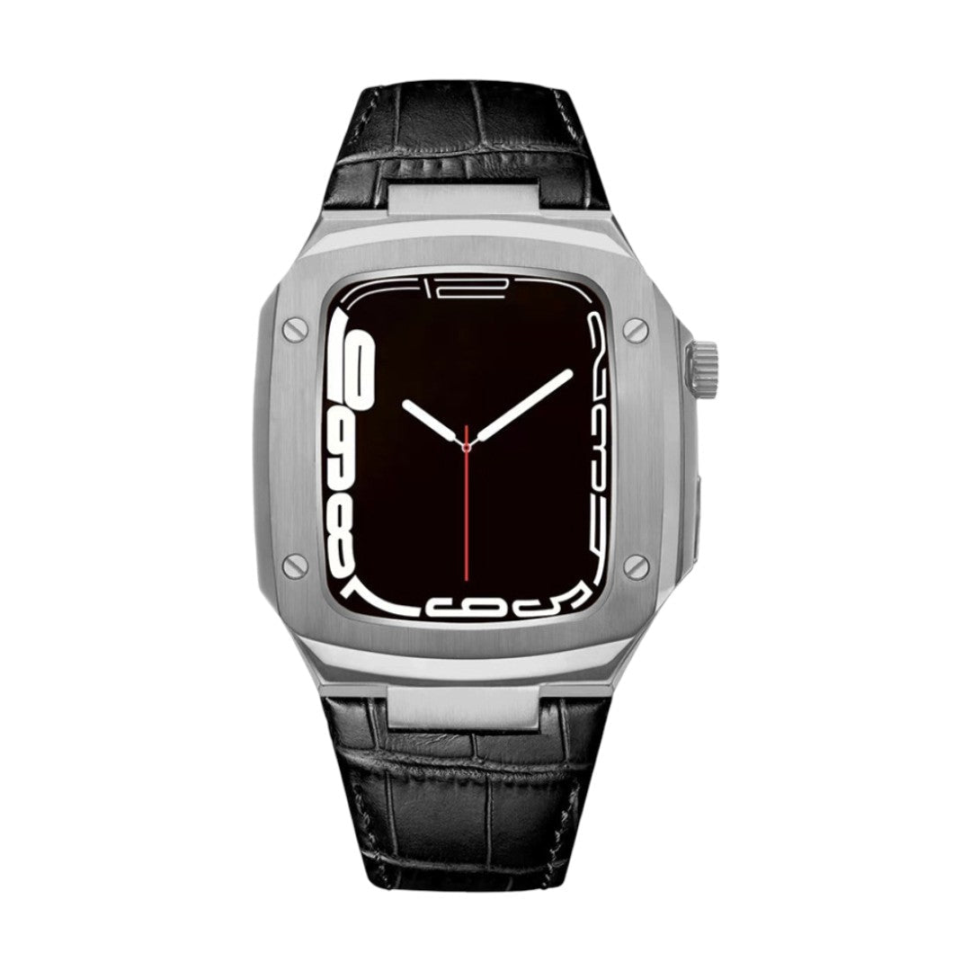 Bracelet montre cuir noir embossé effet croco avec coque intégrée acier gris design armure moderne, boucle ardillon.