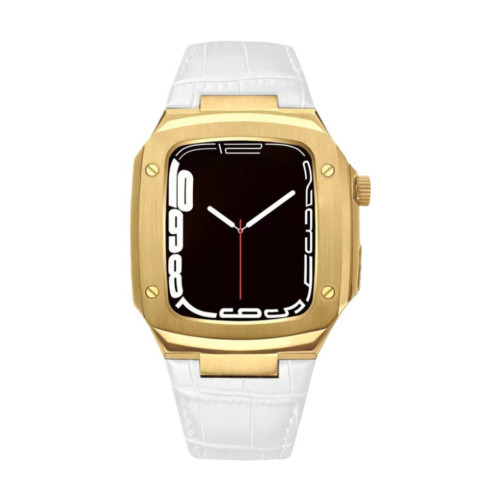 Montre avec bracelet cuir blanc texturé et coque intégrée dorée au design armure moderne, boucle ardillon.