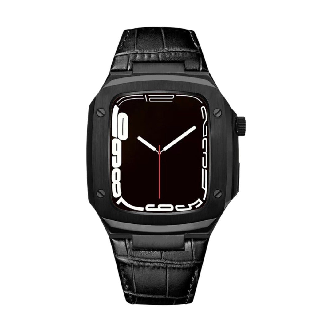 Bracelet montre en cuir noir à effet croco avec coque intégrée noire mat compatible Apple Watch, style armure moderne,.