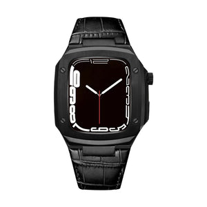 Bracelet montre en cuir noir à effet croco avec coque intégrée noire mat compatible Apple Watch, style armure moderne,.