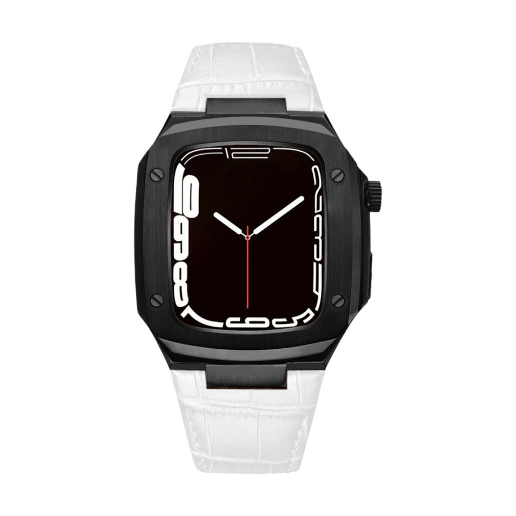 Bracelet montre cuir blanc avec coque noire intégrée type armure et boucle ardillon.