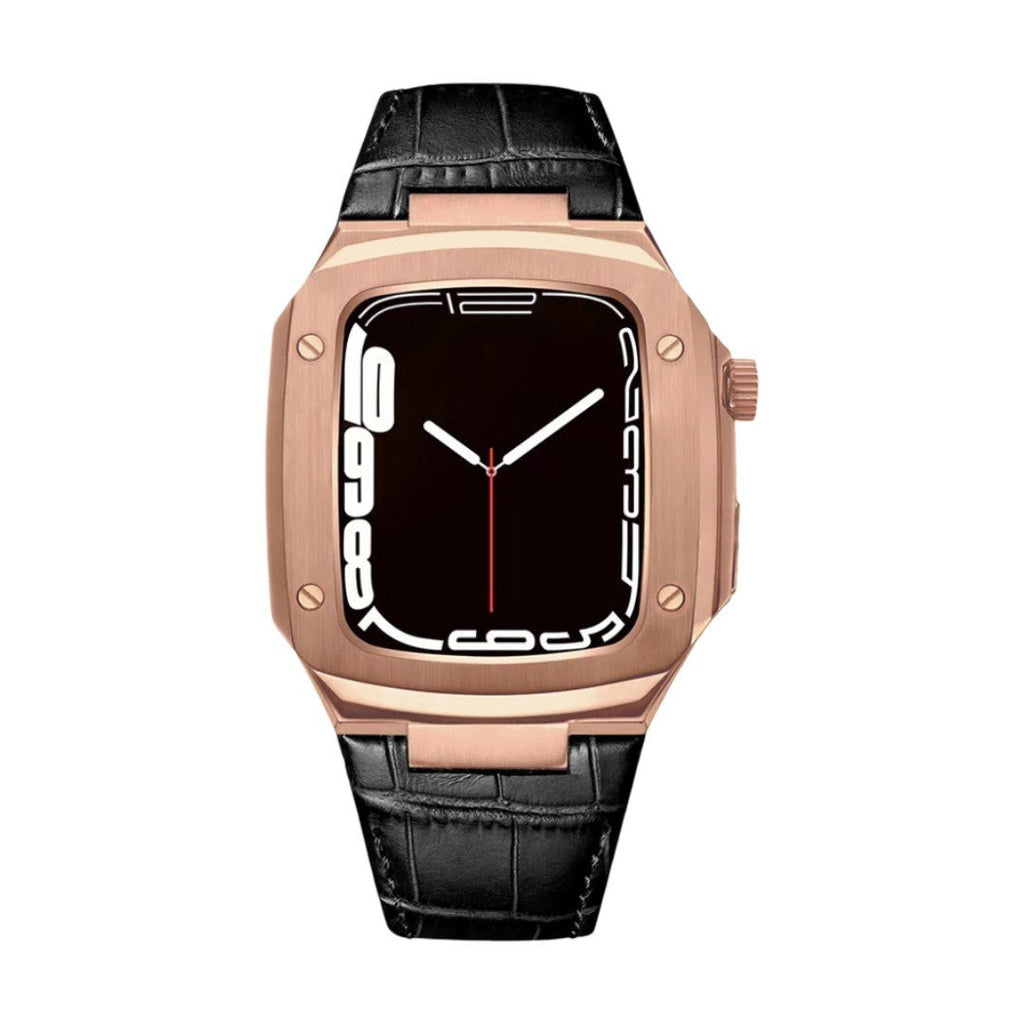 Bracelet montre cuir noir embossé avec coque rose doré intégrée type armure pour Apple Watch.