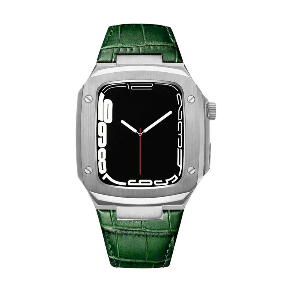 Bracelet montre cuir vert crocodile avec coque intégrée en métal argenté, design armure moderne, boucle ardillon.
