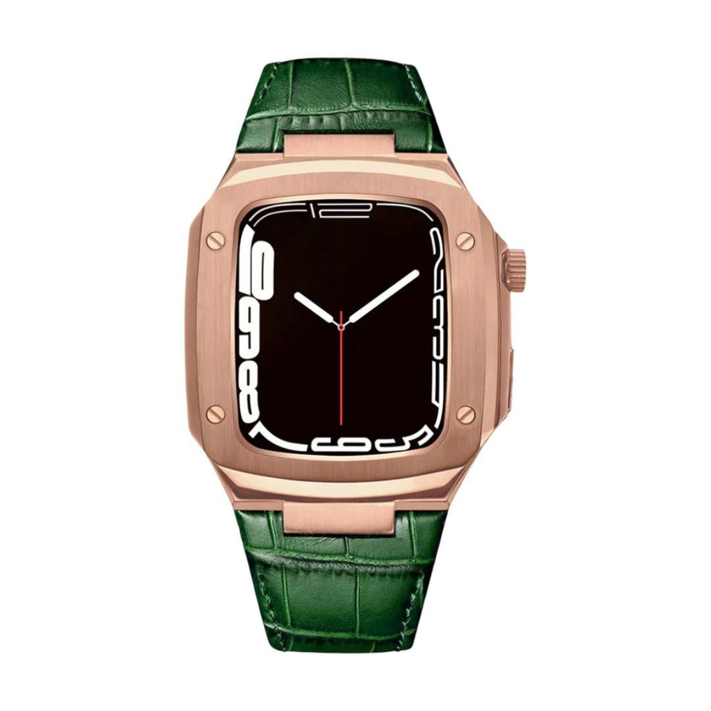 Bracelet montre en cuir vert texturé avec coque intégrée rose doré au design armure moderne et boucle ardillon.