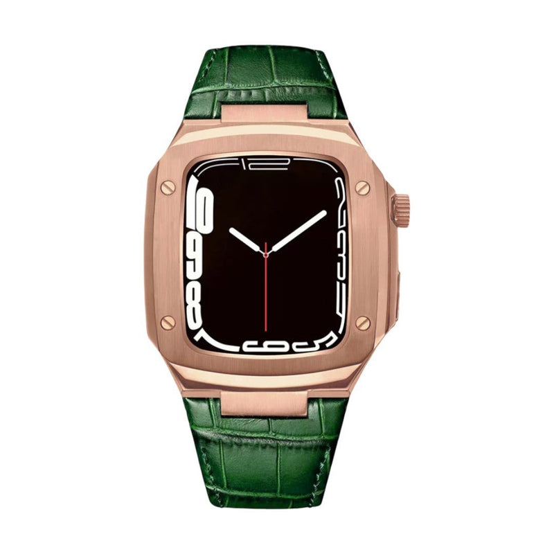 Bracelet montre en cuir vert texturé avec coque intégrée rose doré au design armure moderne et boucle ardillon.