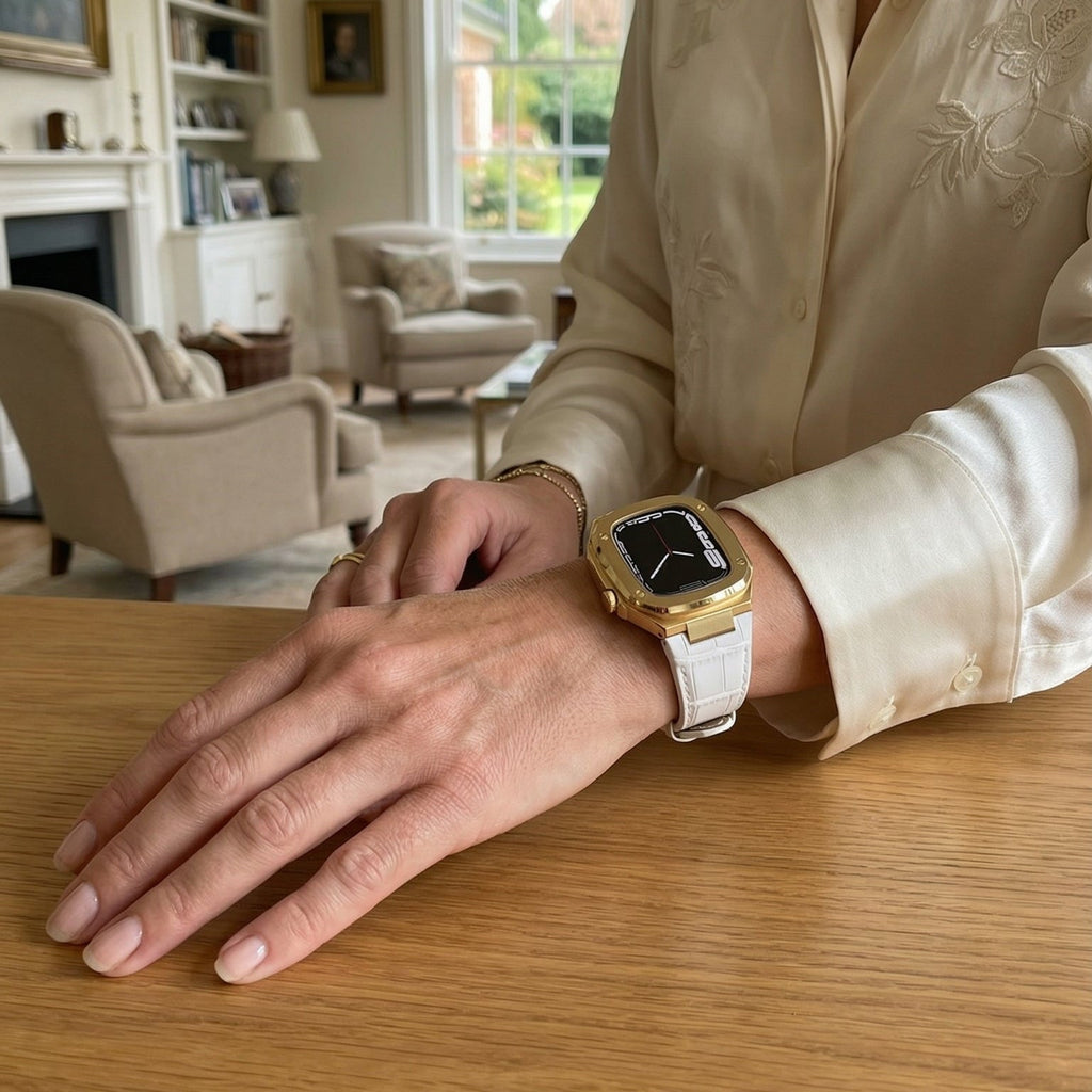 Bracelet montre cuir blanc avec coque intégrée dorée, boucle ardillon, design armure moderne, Apple Watch.
