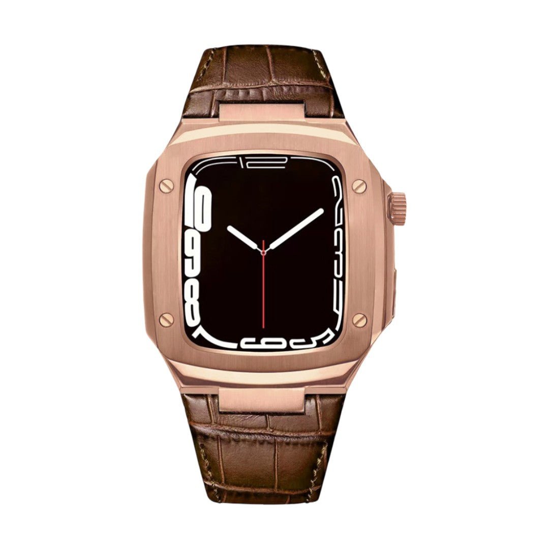 Bracelet montre en cuir marron avec coque rose doré intégrée, boucle ardillon métallique, design armure moderne.