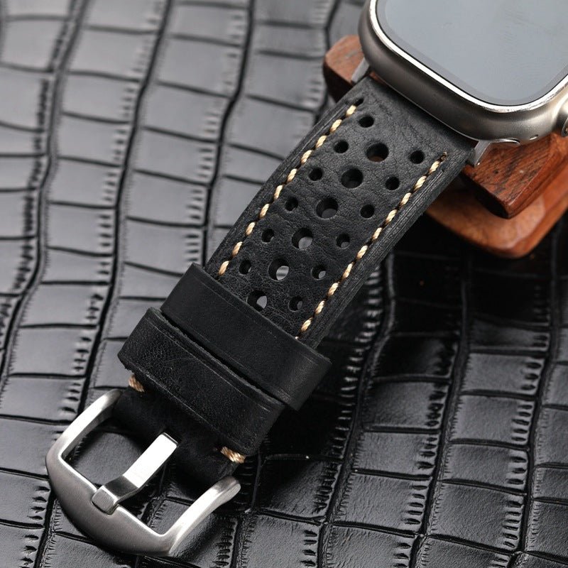 Genuine perforated leather watch strap, contrasting stitching, steel pin buckle, Guenole model