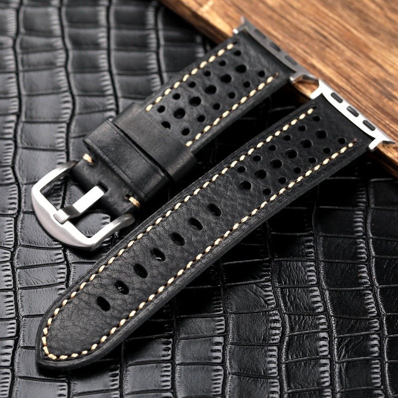 Genuine perforated leather watch strap, contrasting stitching, steel pin buckle, Guenole model