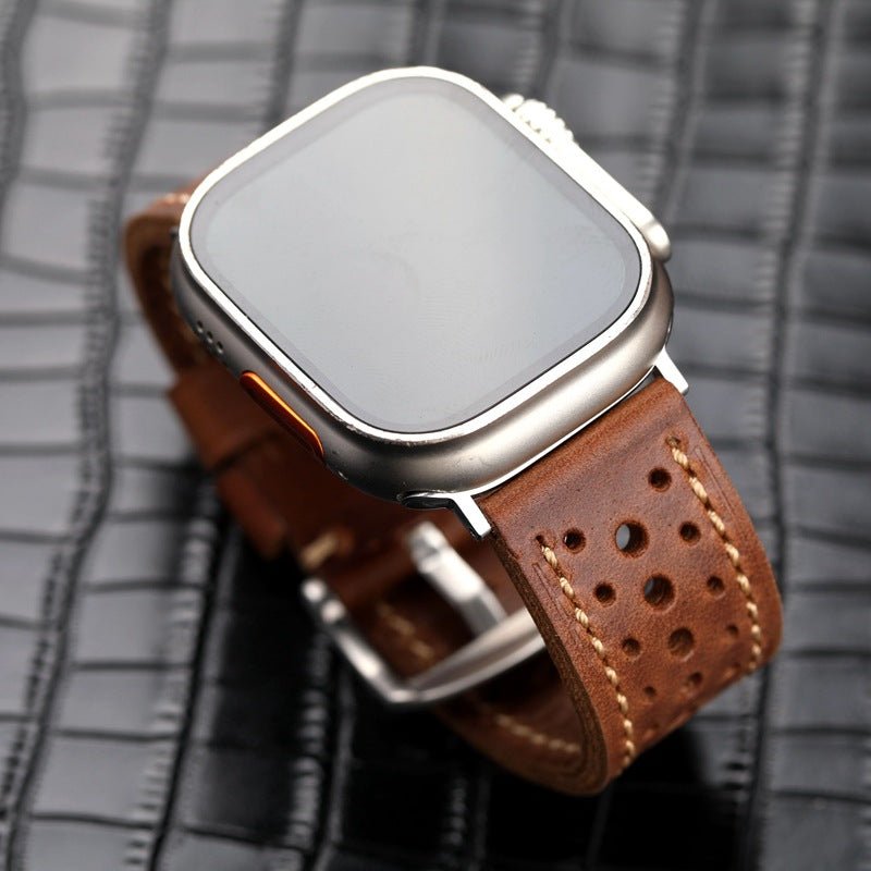 Genuine perforated leather watch strap, contrasting stitching, steel pin buckle, Guenole model