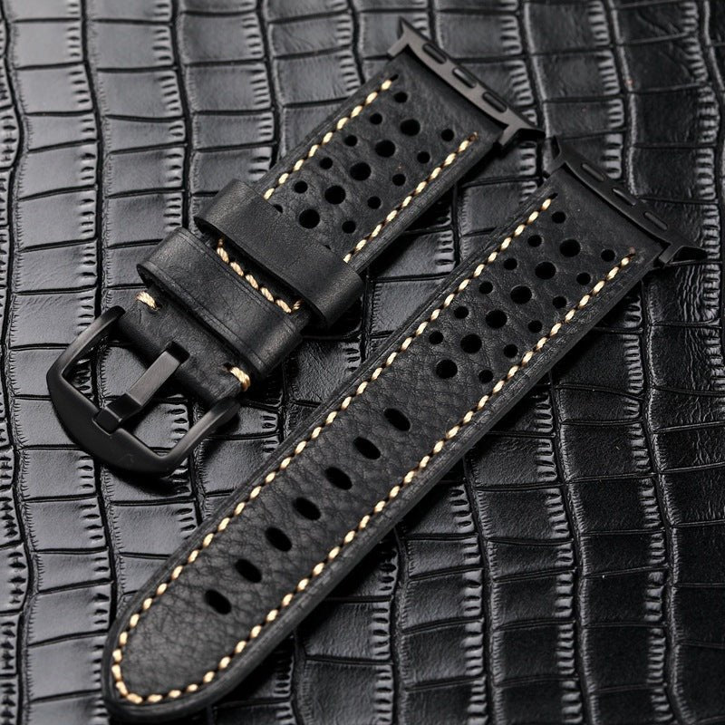 Genuine perforated leather watch strap, contrasting stitching, steel pin buckle, Guenole model