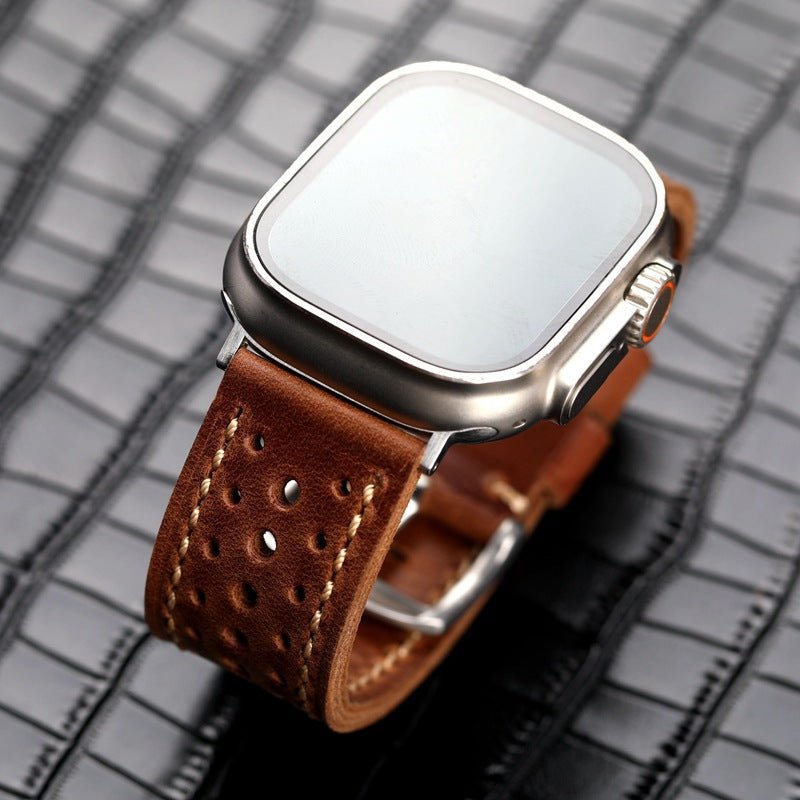 Genuine perforated leather watch strap, contrasting stitching, steel pin buckle, Guenole model