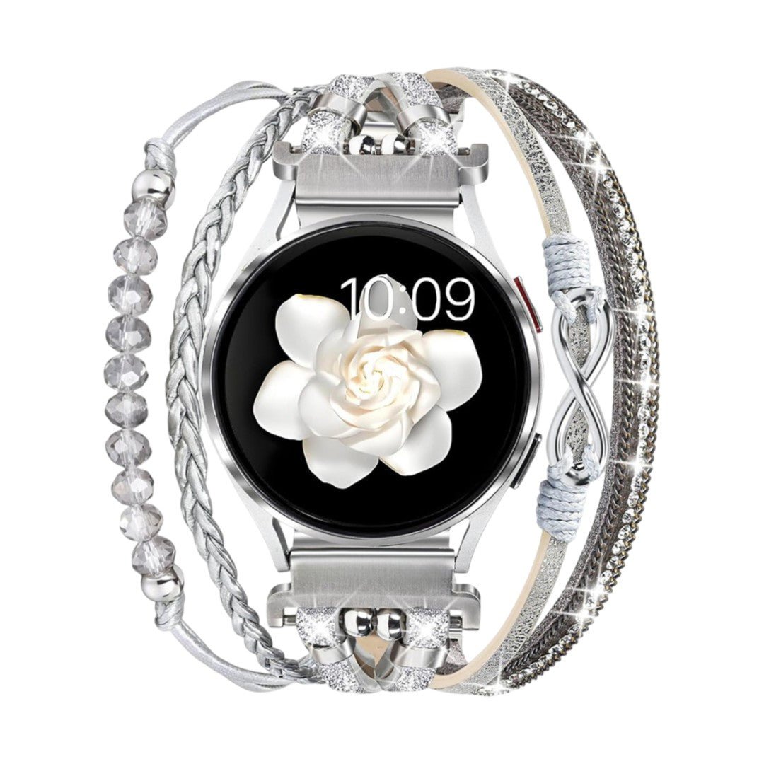 Bracelet montre multi-rangs simili vegan argenté avec perles transparentes, tresse, motif infini et attaches pour Samsung.