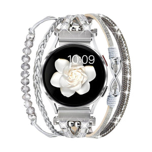 Bracelet montre multi-rangs simili vegan argenté avec perles transparentes, tresse, motif infini et attaches pour Samsung.