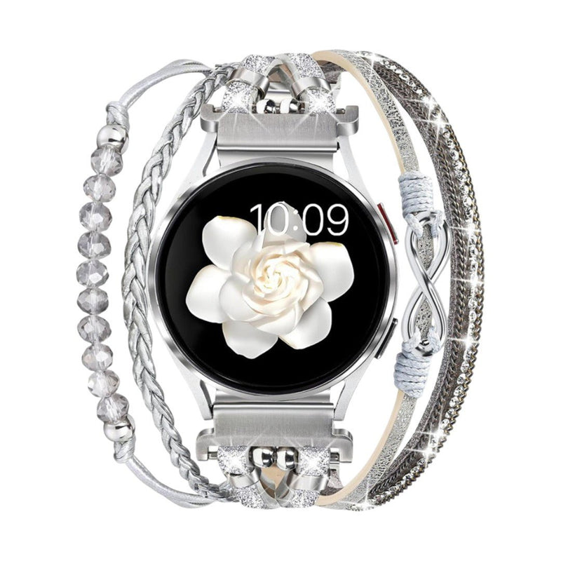 Bracelet montre multi-rangs simili vegan argenté avec perles transparentes, tresse, motif infini et attaches pour Samsung.