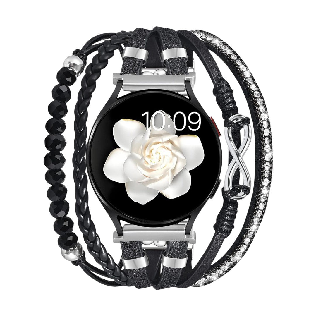 Bracelet montre multi-rangs noir en simili vegan avec perles noires, cordons tressés, et motif infini argenté pour Samsung.
