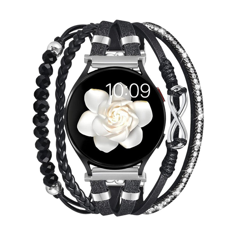 Bracelet montre multi-rangs noir en simili vegan avec perles noires, cordons tressés, et motif infini argenté pour Samsung.