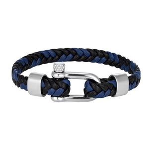 Bracelet homme cuir tressé bleu et noir, fermoir manille acier inoxydable poli, 8 mm large.