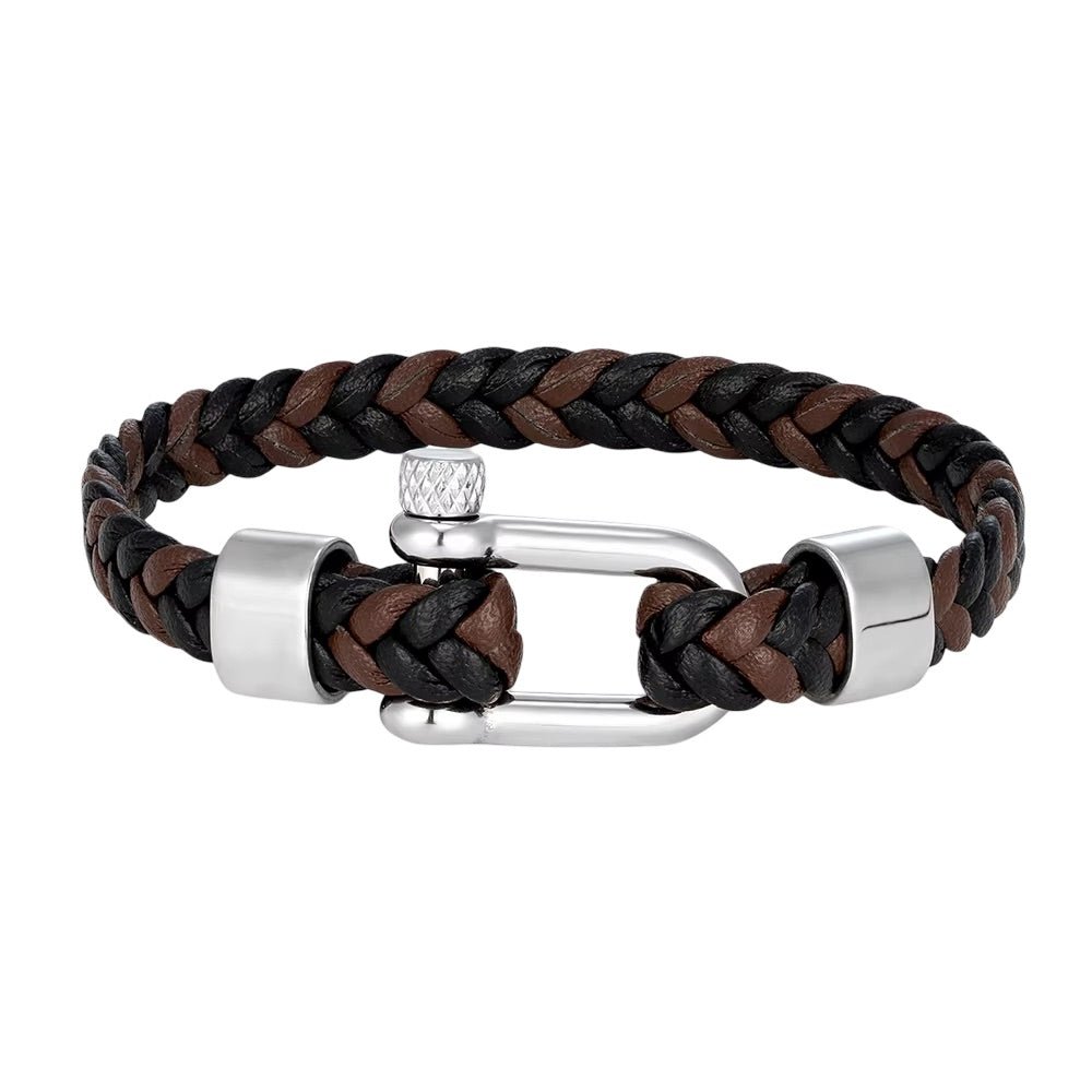 Bracelet homme en cuir tressé noir et marron avec fermoir mousqueton acier argenté style manille.