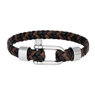 Bracelet homme en cuir tressé noir et marron avec fermoir mousqueton acier argenté style manille.