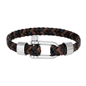 Bracelet homme en cuir tressé noir et marron avec fermoir mousqueton acier argenté style manille.