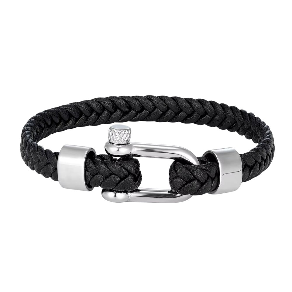 Bracelet homme en cuir noir tressé 8mm avec fermoir mousqueton acier style manille, design moderne.