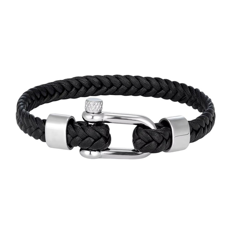 Bracelet homme en cuir noir tressé 8mm avec fermoir mousqueton acier style manille, design moderne.
