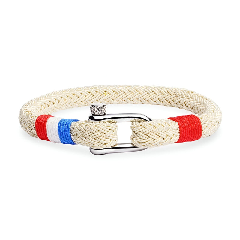 Bracelet homme en coton beige avec mousqueton acier inoxydable et drapeau français tricolore.