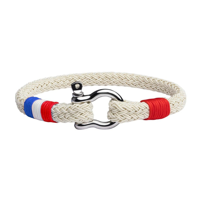 Bracelet mousqueton en coton beige avec détails drapeau français et fermoir acier inoxydable noir.