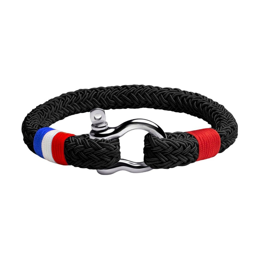 Bracelet mousqueton noir en coton tressé avec détail tricolore français et fermoir acier inoxydable.