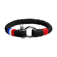 Bracelet mousqueton noir en coton tressé avec détail tricolore français et fermoir acier inoxydable.