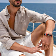 Bracelet homme coton noir et acier inoxydable avec drapeau français, modèle Fabrice.