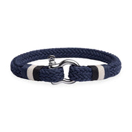 Bracelet homme en coton bleu marine tressé avec fermoir mousqueton acier inoxydable argenté.