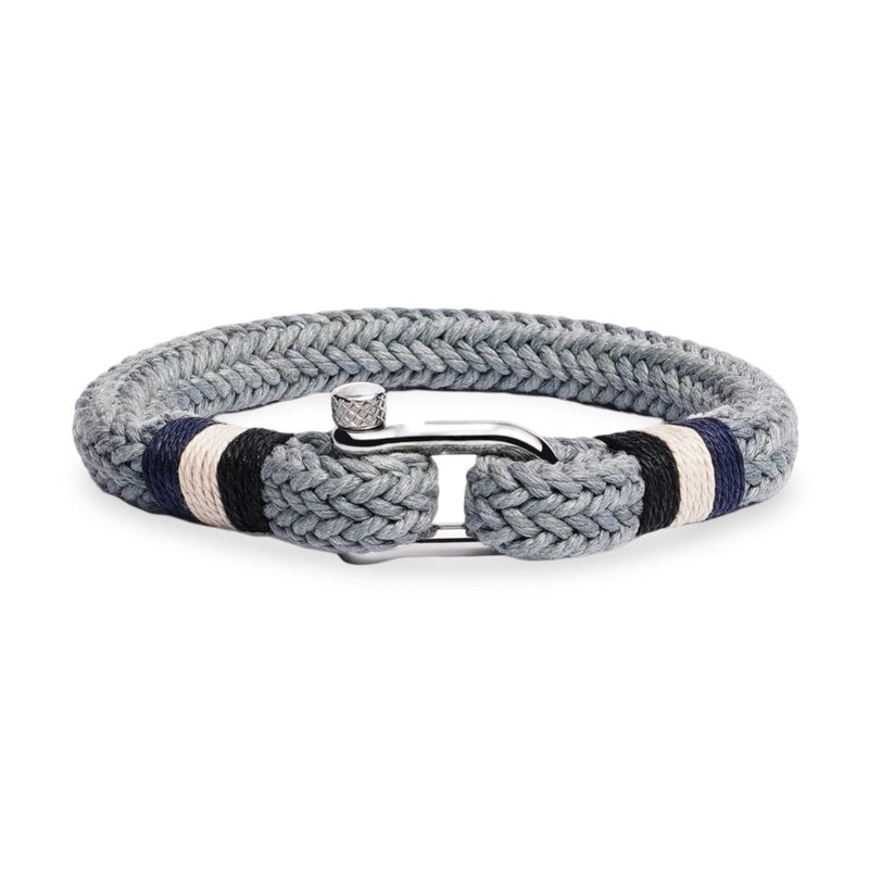 Bracelet homme en coton gris tressé avec fermoir mousqueton en acier inoxydable brillant.