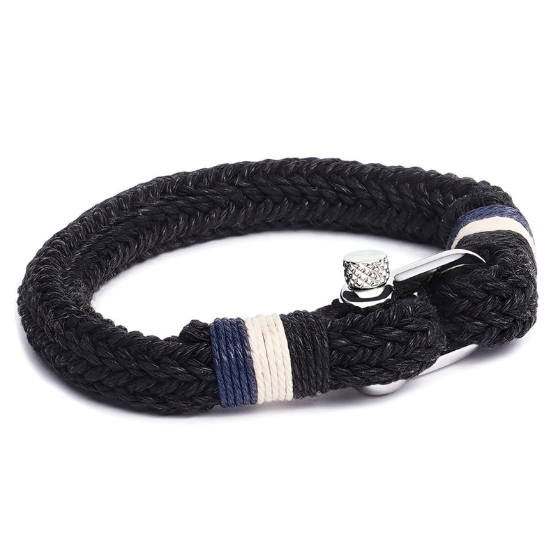 Bracelet homme noir en coton tressé avec mousqueton acier inoxydable et détails bleu et blanc.
