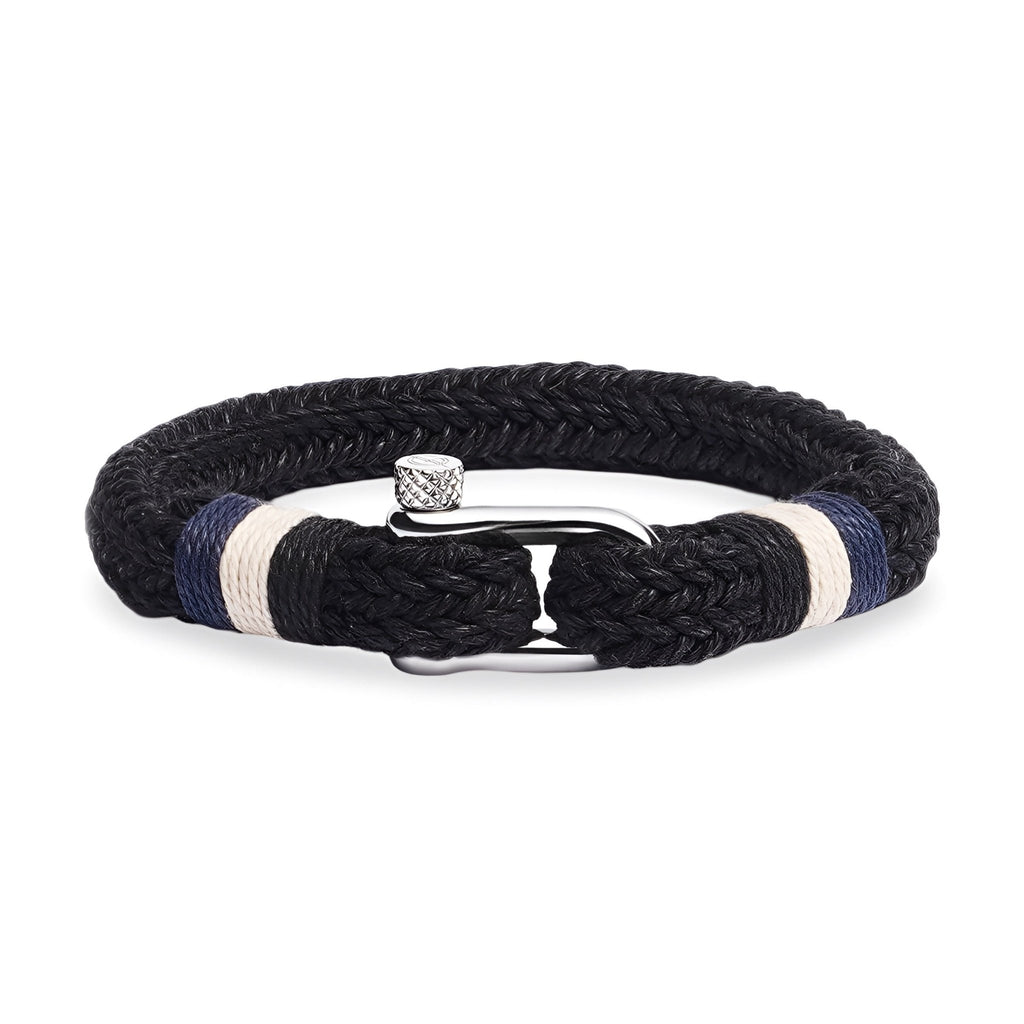 Bracelet homme noir en coton tressé avec mousqueton en acier inoxydable et détails blancs.