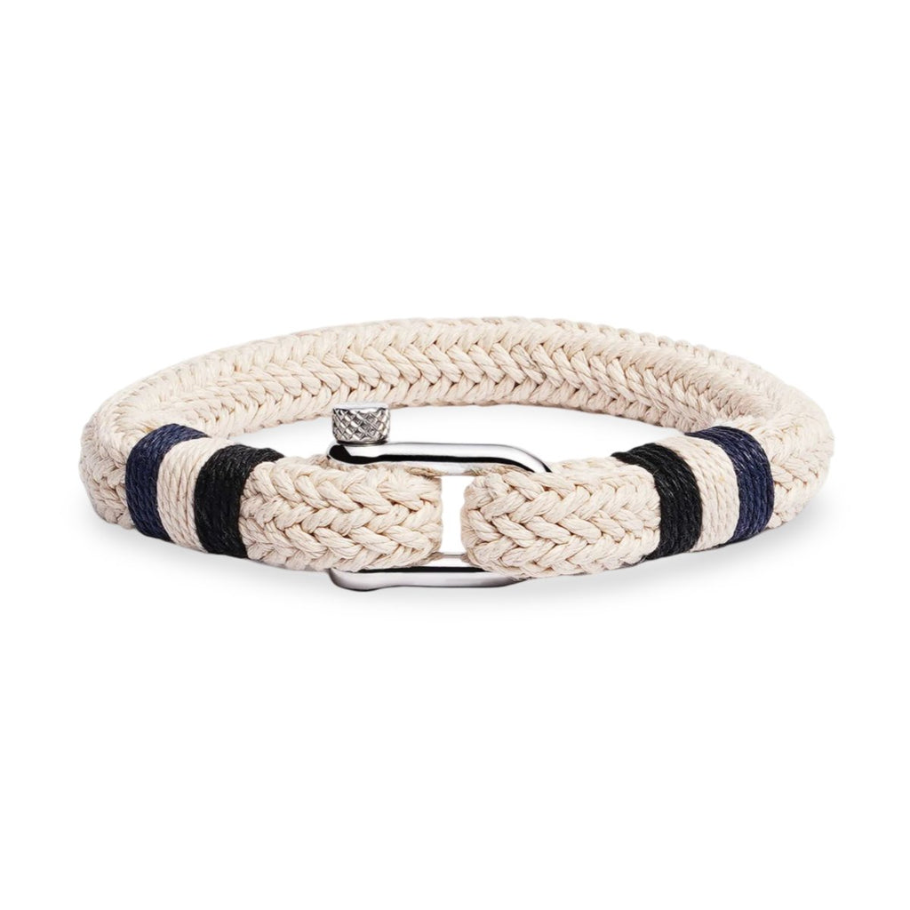 Bracelet homme en coton beige tressé avec fermoir mousqueton en acier inoxydable et bandes noires.