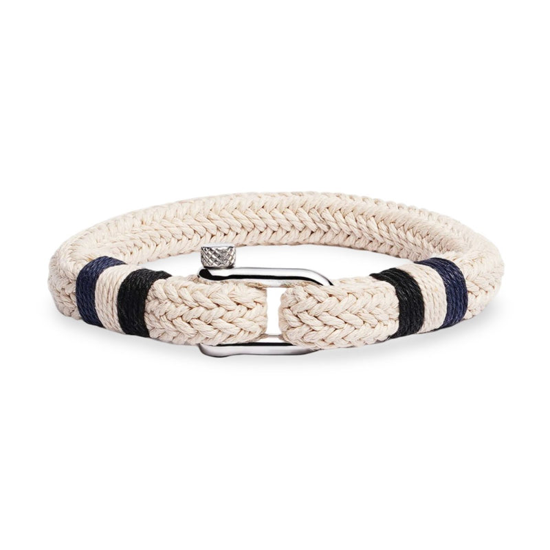 Bracelet homme en coton beige tressé avec fermoir mousqueton en acier inoxydable et bandes noires.