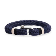 Bracelet homme en coton bleu marine avec fermoir mousqueton en acier inoxydable argenté.