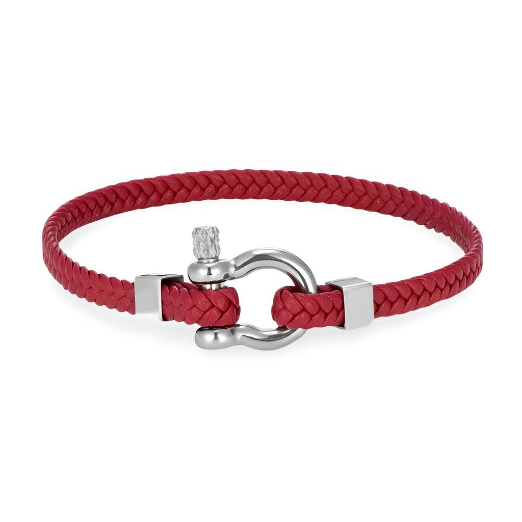 Bracelet homme en cuir tressé bordeaux avec mousqueton en acier inoxydable argenté.