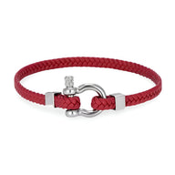 Bracelet homme en cuir tressé bordeaux avec mousqueton en acier inoxydable argenté.