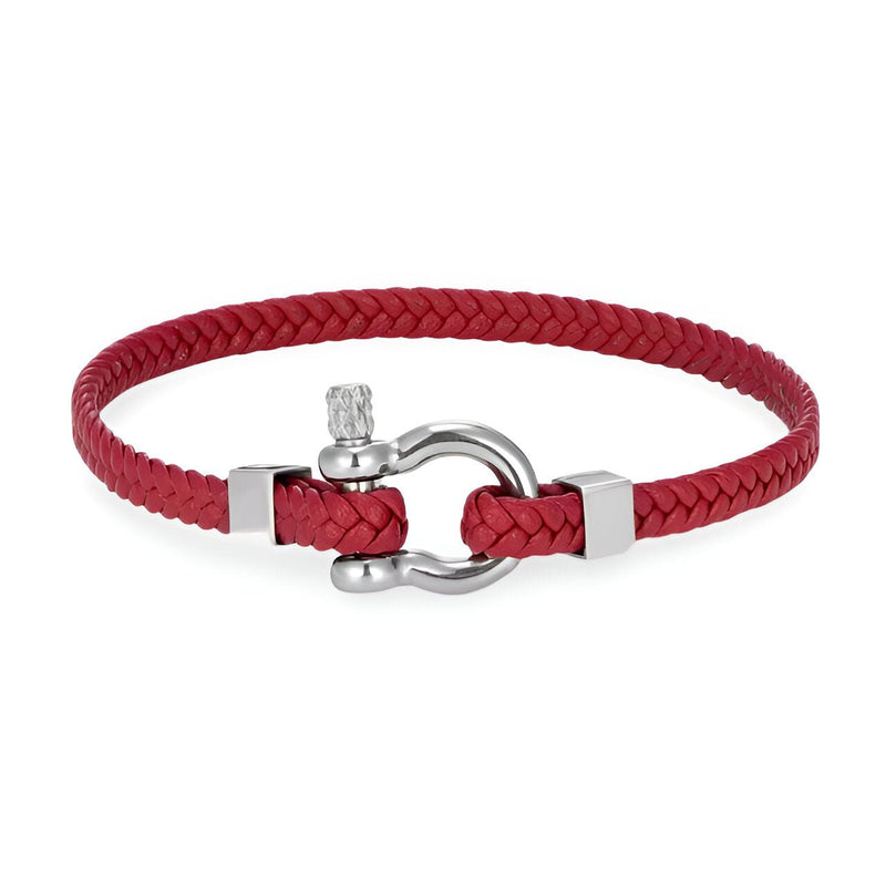 Bracelet homme en cuir tressé bordeaux avec mousqueton en acier inoxydable argenté.