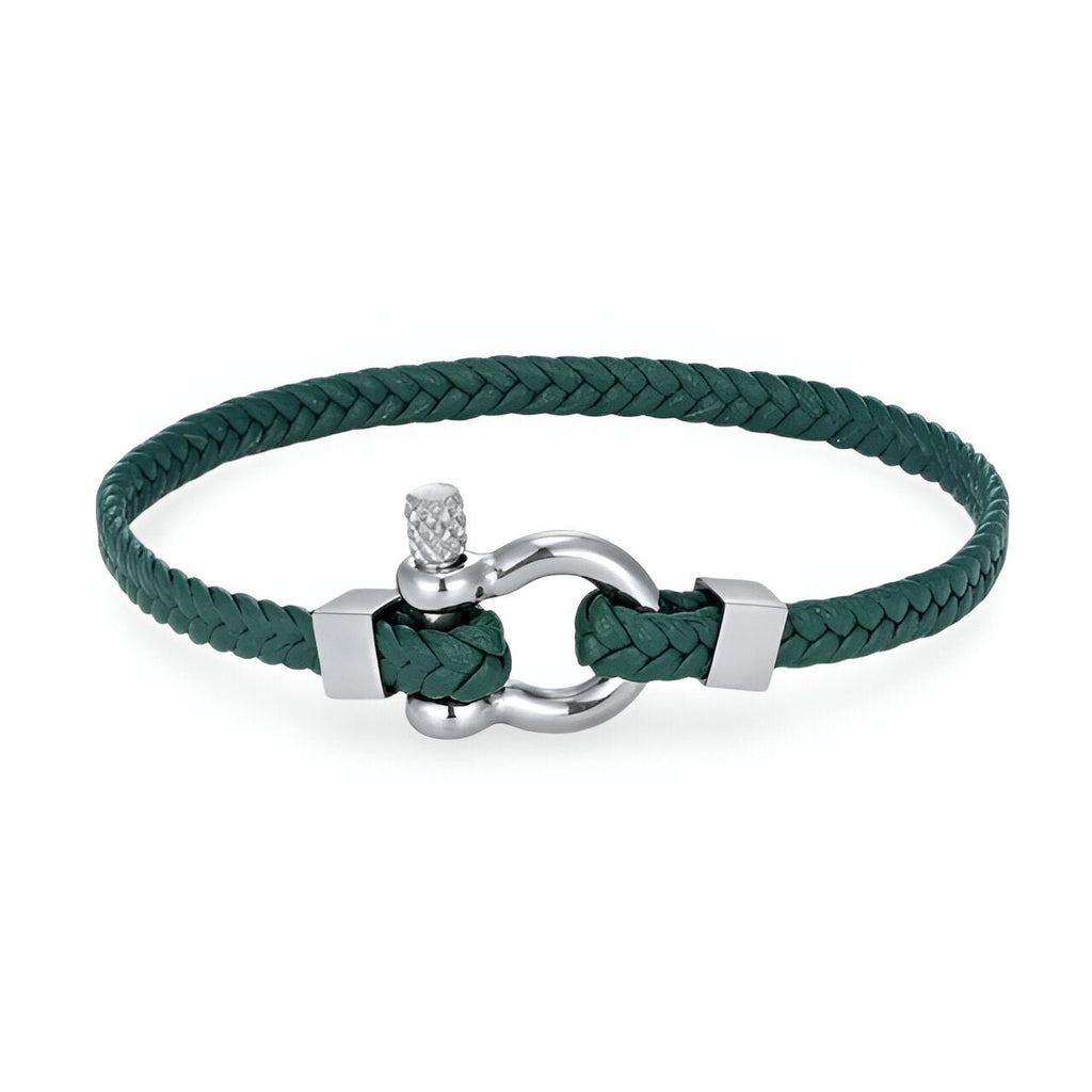 Bracelet homme vert en cuir tressé avec fermeture mousqueton en acier inoxydable.