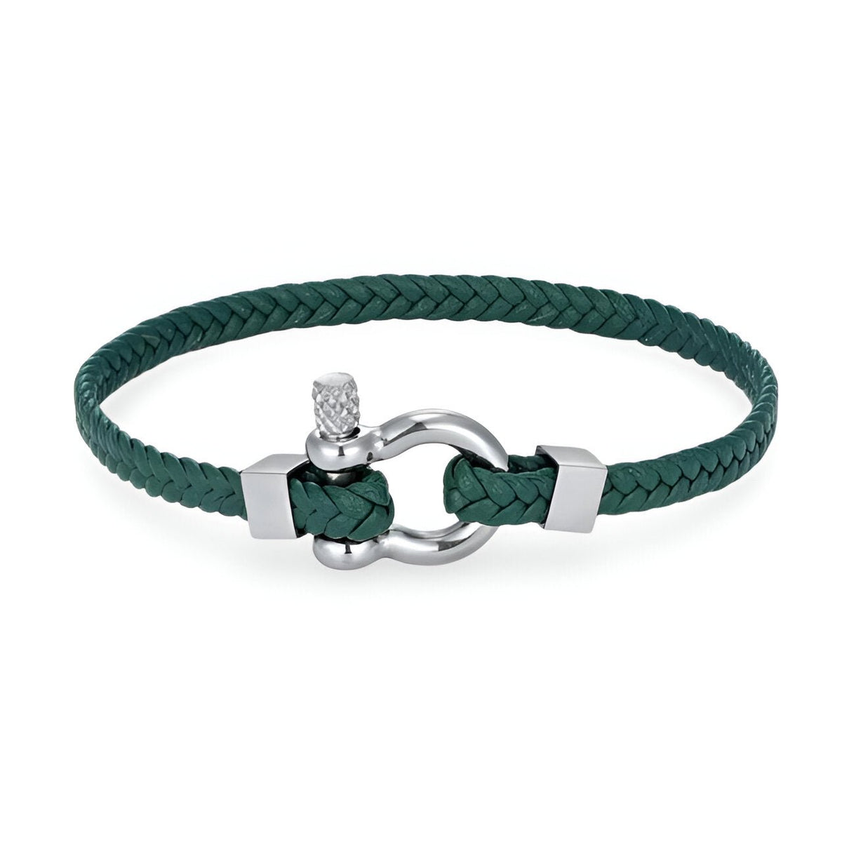 Bracelet homme vert en cuir tressé avec fermeture mousqueton en acier inoxydable.