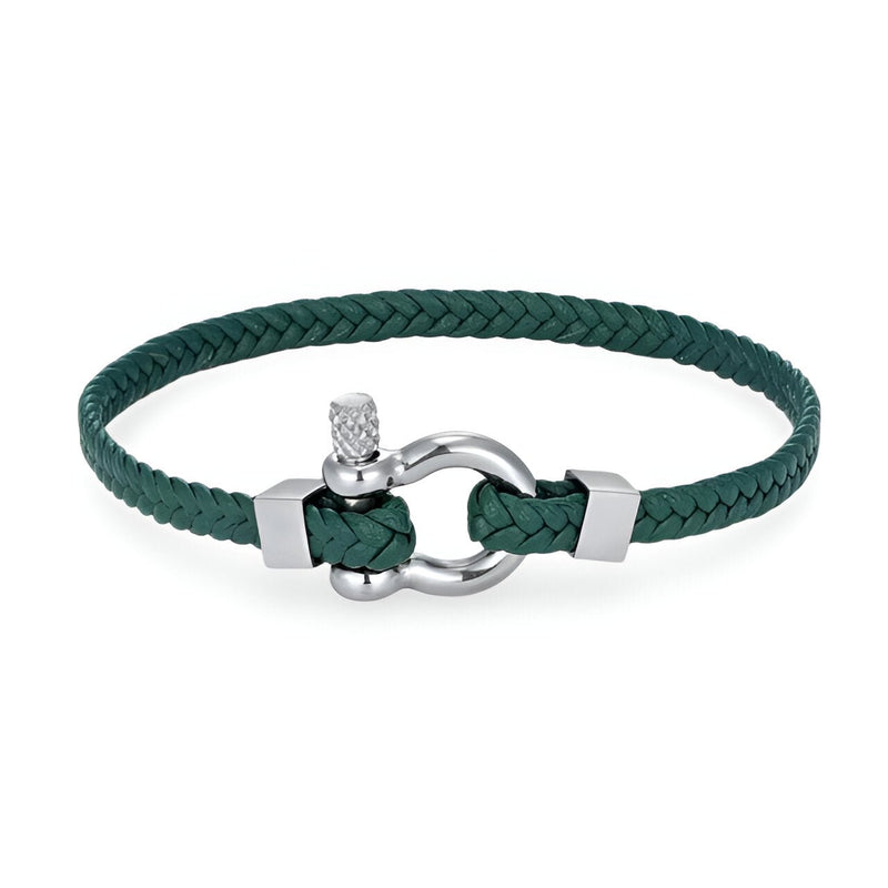 Bracelet homme vert en cuir tressé avec fermeture mousqueton en acier inoxydable.