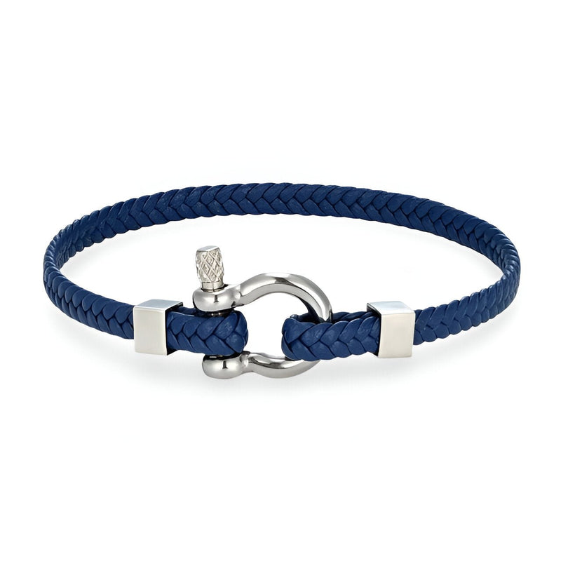 Bracelet homme bleu en cuir tressé avec mousqueton et détails en acier inoxydable.